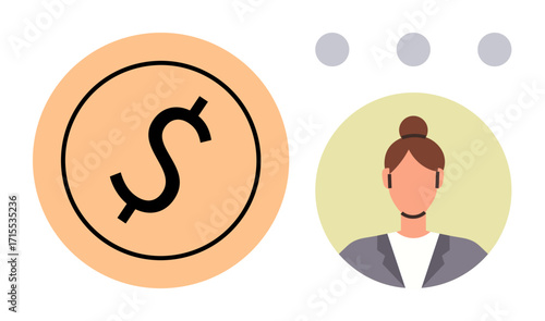 Woman avatar with hair bun, dollar sign in orange circle, and dotted accents. Ideal for business, finance, teamwork, communication, money management, user identity modern flat metaphor