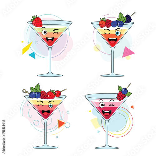 Four fun fruity cocktails with happy faces and colorful accents.