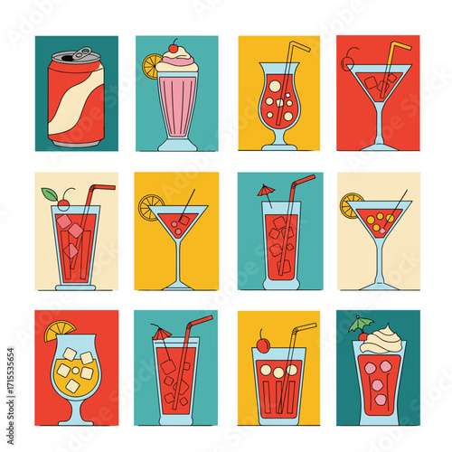 A colorful collection of refreshing alcoholic and non-alcoholic beverages displayed in a grid format.