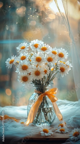 A glass vase holds white daisies with yellow centers, tied with a ribbon, on a draped surface near a window. AI.