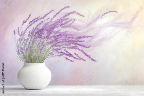 Lavender in a white vase with purple wisps on a soft pastel background. AI.