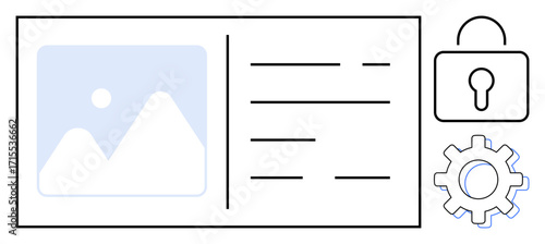 Digital card with image preview, text layout, security lock, and settings gear. Ideal for website design, user settings, data privacy, security setup, interface customization app management