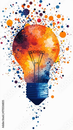 Wallpaper Mural A light bulb graphic, mostly orange and blue, surrounded by colorful splattered dots on a white background. AI. Torontodigital.ca