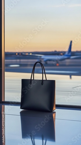 Wallpaper Mural A black tote bag sits near a window at an airport, with an airplane visible outside. AI. Torontodigital.ca