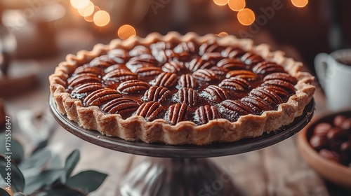 Wallpaper Mural Pecan pie on a pedestal stand, topped with nuts, is displayed against a bokeh background. AI. Torontodigital.ca