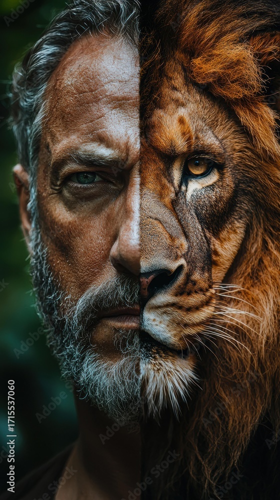 custom made wallpaper toronto digitalHalf face of a bearded man and half face of a lion are aligned vertically. AI.