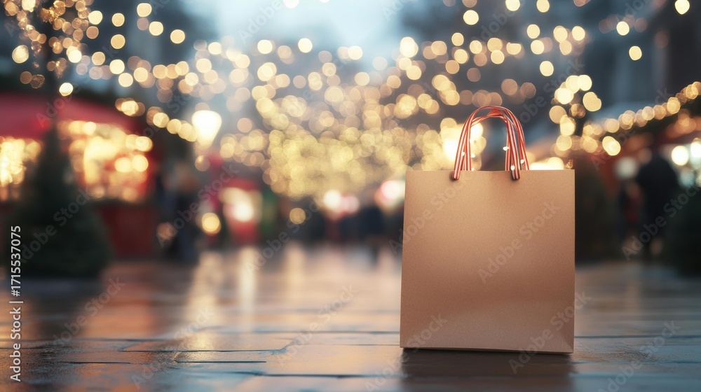 custom made wallpaper toronto digitalA brown paper shopping bag with striped handles stands on a wet surface with lights in the background. AI.