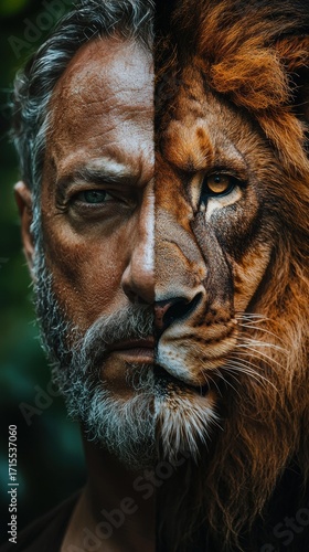 Wallpaper Mural Half face of a bearded man and half face of a lion are aligned vertically. AI. Torontodigital.ca