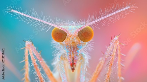 Wallpaper Mural Insect close-up shows orange eyes, feathery antennae, and legs. Colorful background. AI. Torontodigital.ca
