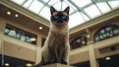 Wallpaper Mural A Siamese cat with blue eyes sits on a pedestal inside a building with windows and ceiling lights. AI. Torontodigital.ca