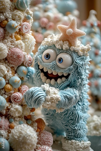 Wallpaper Mural A blue, textured monster figure with large eyes and a starfish on its head stands near a decorative, candy-covered tree. AI. Torontodigital.ca