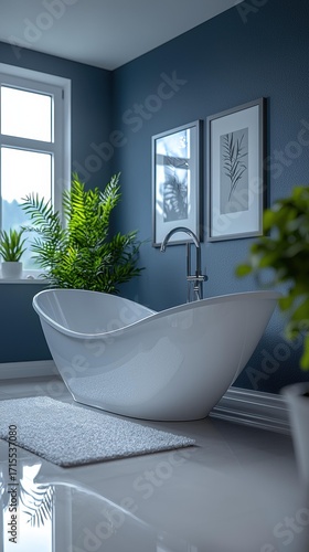 Wallpaper Mural White tub in a blue bathroom with a chrome faucet, a light rug, and plants. Two framed pictures hang on the wall. AI. Torontodigital.ca