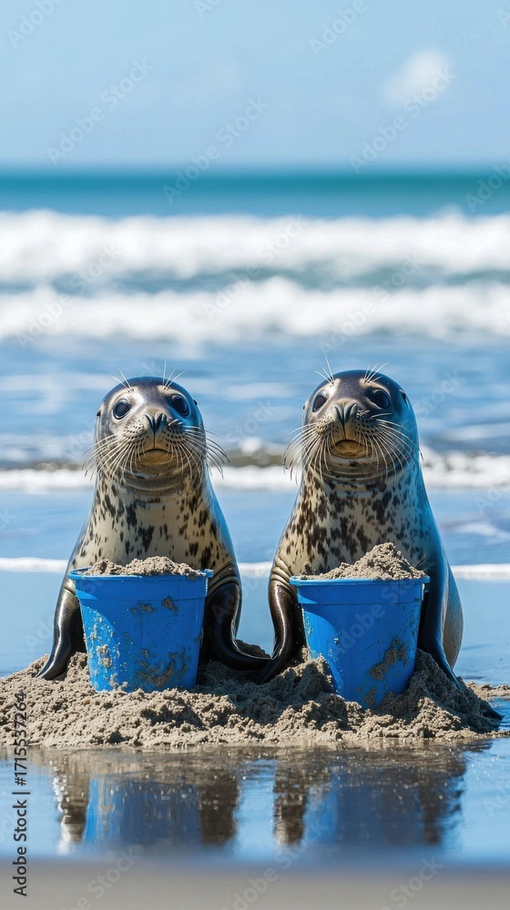 custom made wallpaper toronto digitalTwo seals sit on a sandy beach, each with a blue bucket filled with sand. Waves are visible in the background. AI.