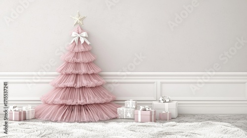 Wallpaper Mural A layered pink tree with star and bow stands by presents on a fluffy rug against a white wall. AI. Torontodigital.ca