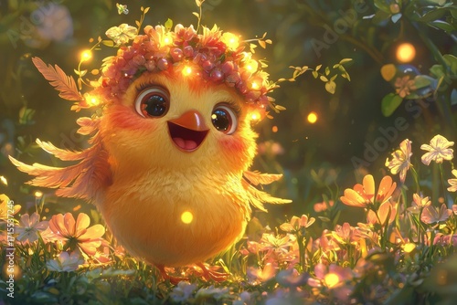 Wallpaper Mural Yellow chick with flower crown stands in a field of flowers. AI. Torontodigital.ca