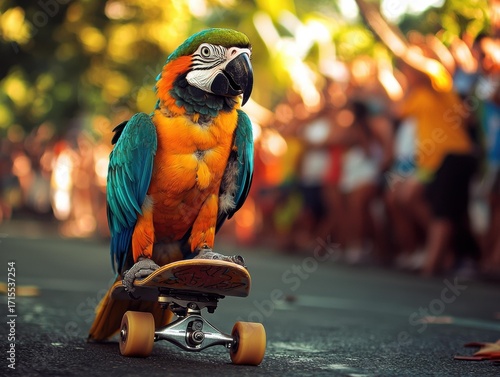 Wallpaper Mural Colorful parrot stands on a skateboard. A blurred crowd is visible in the background. AI. Torontodigital.ca