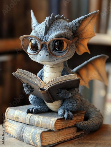 Wallpaper Mural A small dragon with glasses sits atop books reading a book. AI. Torontodigital.ca