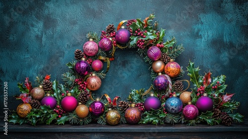 Wallpaper Mural A wreath features colorful ornaments, pine cones, holly, and red berries against a dark teal textured background. AI. Torontodigital.ca