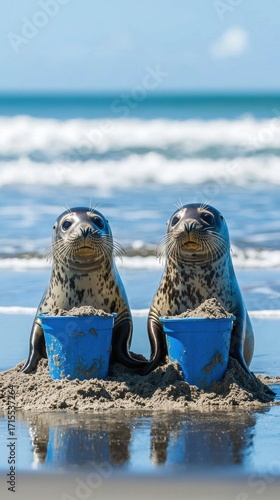 Wallpaper Mural Two seals sit on a sandy beach, each with a blue bucket filled with sand. Waves are visible in the background. AI. Torontodigital.ca