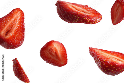 Floating Slices of Red Strawberries on Black Background