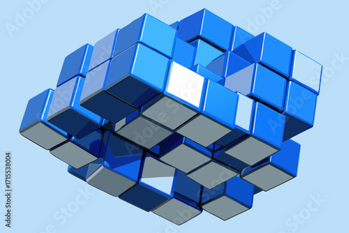 Vector art of a 3d rendering of a cube made of smaller cubes in various shades of blue and gray, creating a complex and visually interesting structure