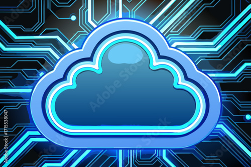 Vector art of a glowing blue cloud hovers above a circuit board, symbolizing cloud computing, data storage, and the interconnectedness of modern technology