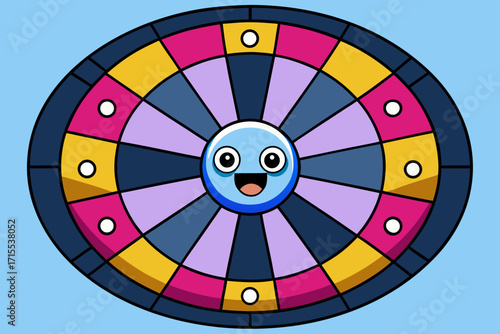 Vector art of a cartoon fortune wheel with a happy face in the center, offering a playful representation of chance, luck, and the excitement of games