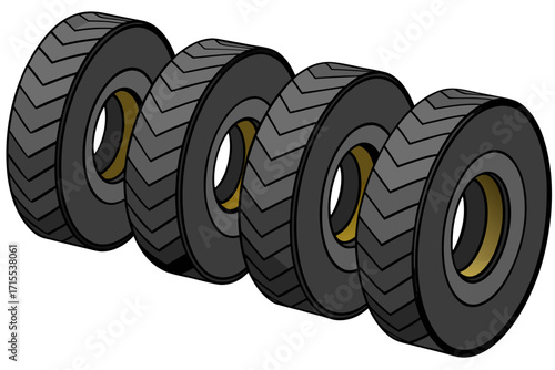 Vector art of five tires arranged in a row, showcasing automotive components, rubber materials, and the essential elements of vehicle transportation