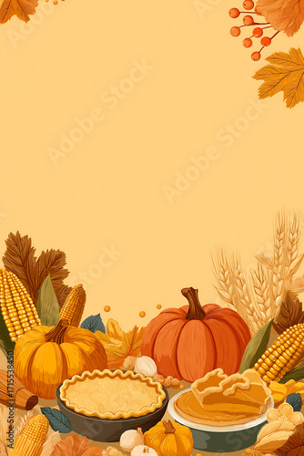 Fall thanksgiving background with pumpkins corn and pie illustration