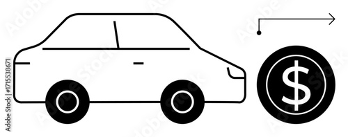 Simplistic car icon alongside a dollar sign and arrow indicating financial movement or value direction. Ideal for economy, transport cost, financial planning, budgeting, business, transactions
