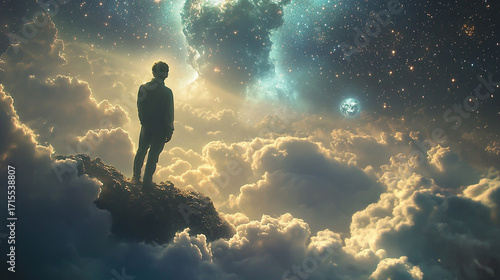 Wallpaper Mural A solitary figure stands atop a cloud, gazing into the starry expanse, contemplating existence and the vastness of the universe, a surreal dreamscape Torontodigital.ca