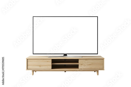 Flat screen television on wooden stand for home entertainment setups on transparent background