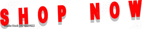 bold and dynamic typographic design featuring the words "SHOP NOW" in bright red, three-dimensional letters with a subtle drop shadow, all set on a clean white background