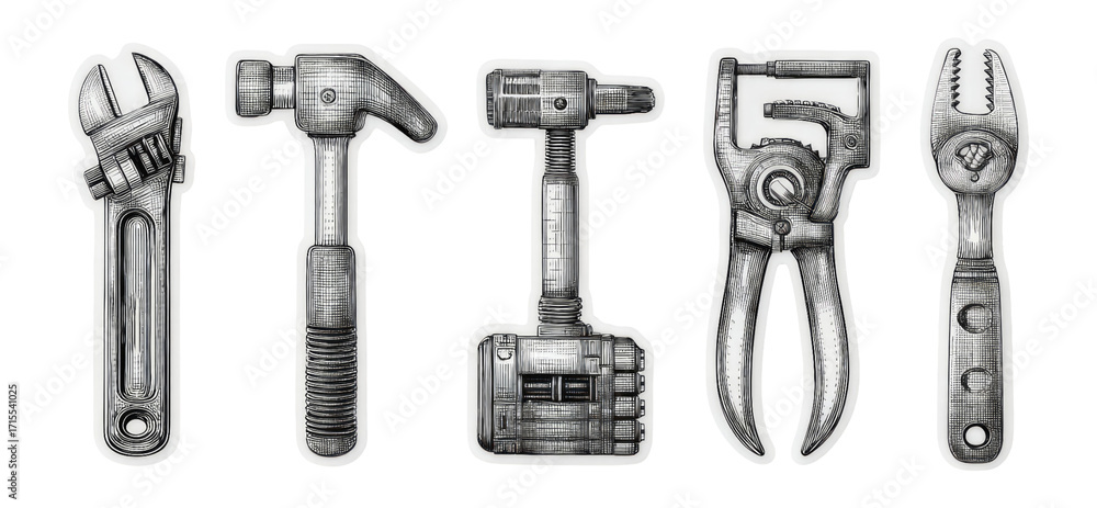 Fototapeta premium Collection of Isolated Hand Tools in Grayscale Style with Transparent Background