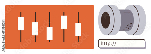 Equalizer bars with adjustable sliders alongside a barrel-thumbs up internet search pipe. Ideal for technology, data analysis, internet, user interface, customization, control, communication. Simple
