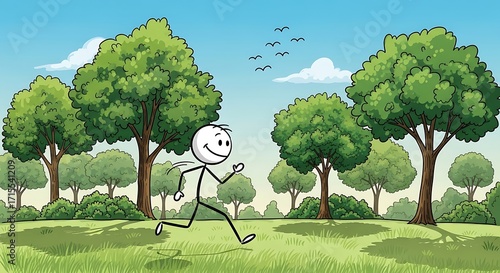 Happy stick figure man running and jogging for exercise in a beautiful green park on a sunny day
