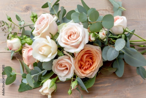Elegant rose and eucalyptus bouquet on wooden background