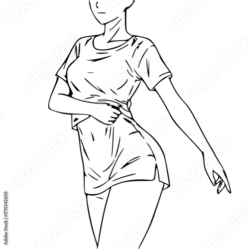 A simple line drawing of a woman in casual clothing, posing with a hand on her hip.