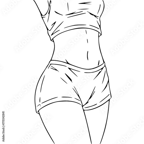 Line art illustration of a woman's torso wearing a crop top and shorts, showcasing her stomach and waist.