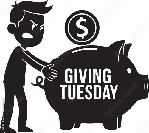 Man forcefully depositing money into piggy bank symbolizing urgent giving tuesday donations and charitable contributions for fundraising efforts isolated on transparent background