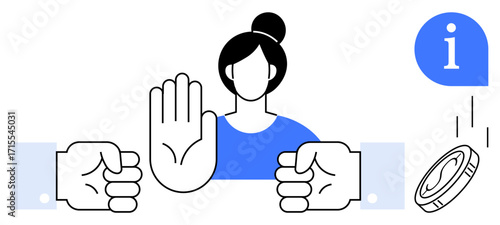 Professional woman raises hand to signal stop amidst conflict, symbolized by clenched fists. Falling coin and information bubble suggest clarity, fairness. Ideal for decision-making, conflict