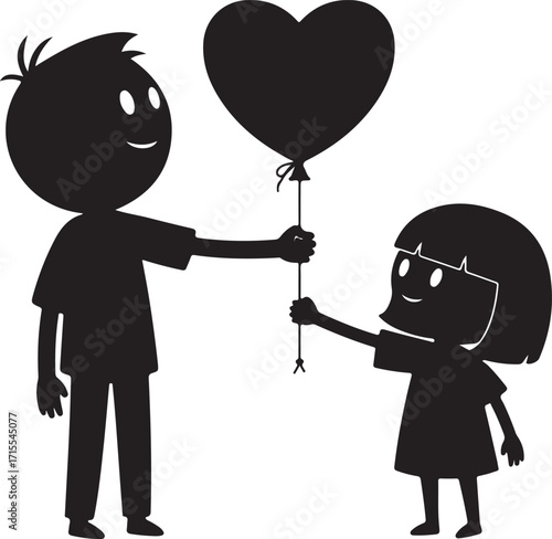Joyful brother and sister silhouettes sharing a heart balloon symbolizing love family togetherness and childhood innocence celebration isolated on transparent background
