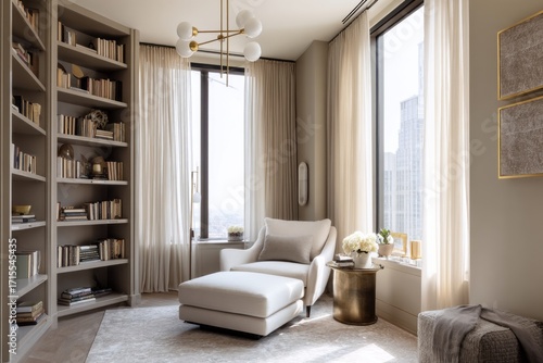 A sun-drenched, elegant reading nook, boasting tall built-in bookshelves and a cozy chaise lounge, bathed in warm light and showcasing a panoramic cityscape view.
