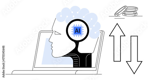 Profile brain outline with AI chip inside laptop, coins, and arrows signifying technology, finance, innovation, growth, stability, automation intelligence. Ideal for simple flat metaphor