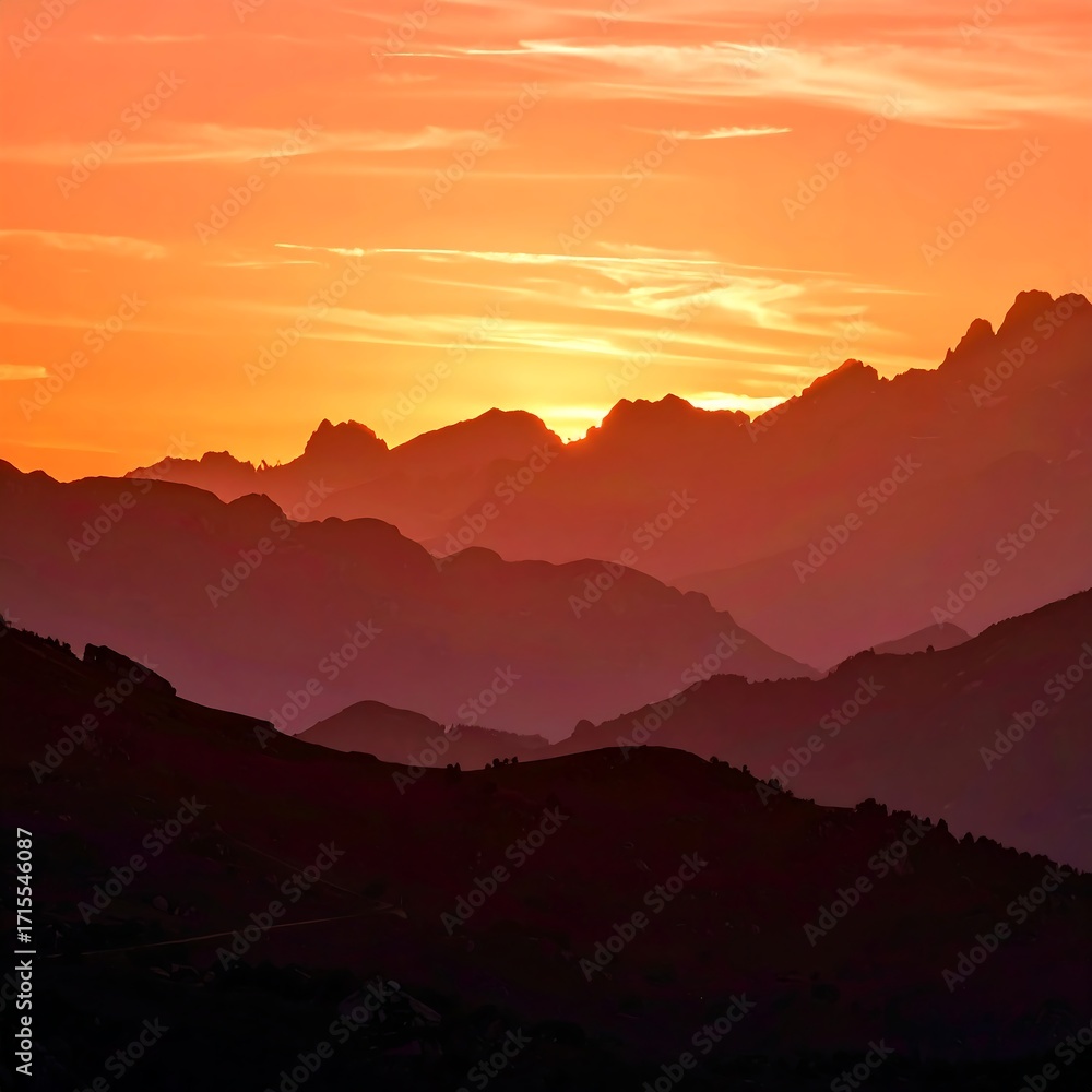 Fototapeta premium Mountain silhouettes at fiery sunset