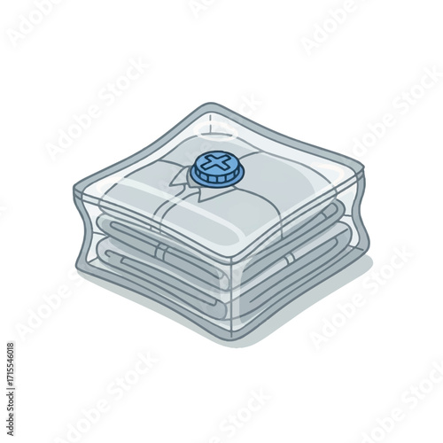 Isometric illustration of a stack of folded towels with a blue button on top against a white background.