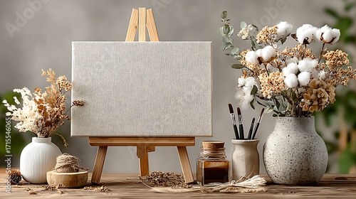 Blank Canvas on Wooden Easel with Dried Flowers and Painting Supplies on a Rustic Table