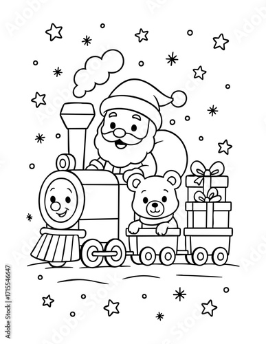 christmas santa coloring page with train teddy bear and gifts festive black and white outline illustration concept of holiday kids activity seasonal craft and decoration