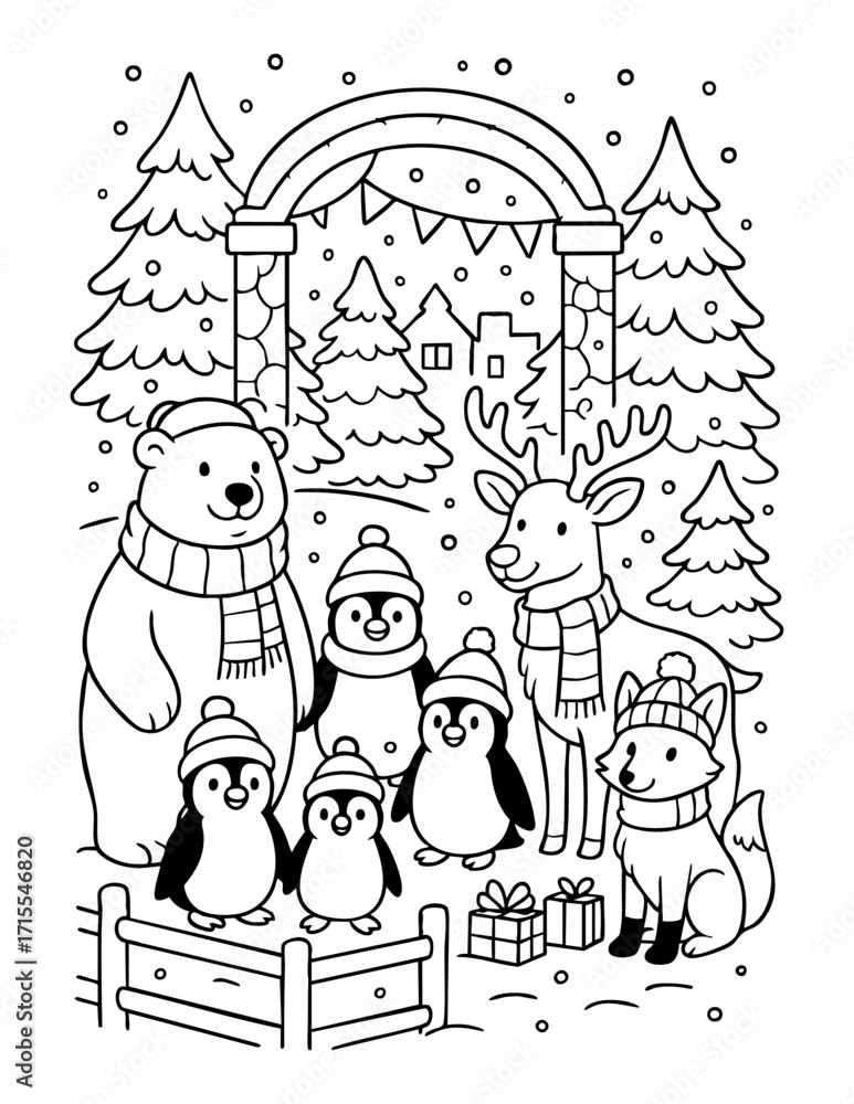 Obraz premium black and white christmas coloring page featuring a bear reindeer fox and penguins in winter forest wearing scarves and hats with gifts snow and decorated arch festive holiday illustration