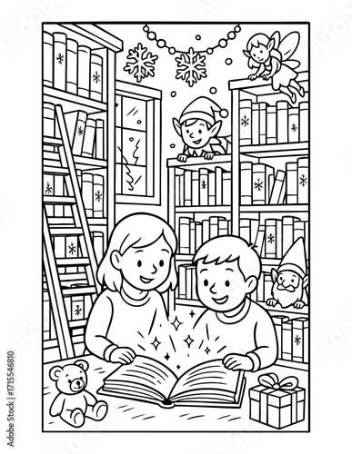 black and white christmas coloring page with children reading a magic book in a festive library scene surrounded by elves fairy teddy bear and holiday decorations outline drawing